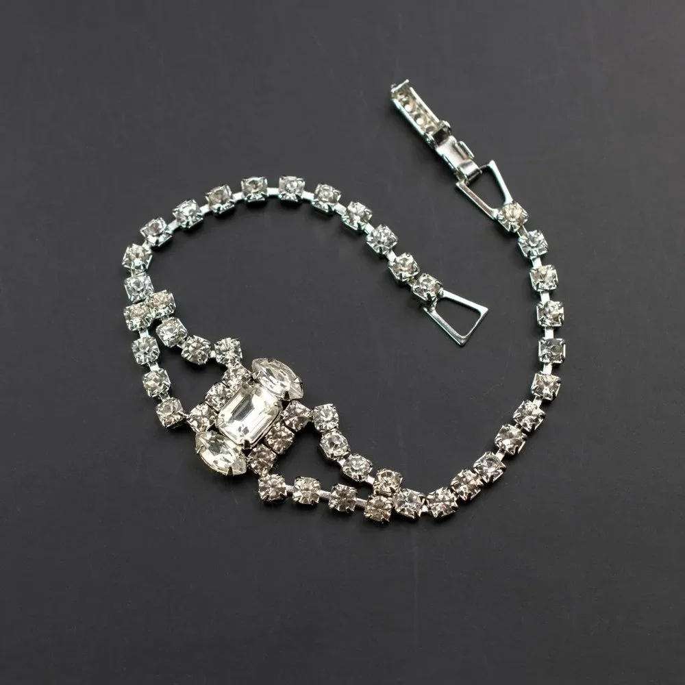 Fancy rhinestone tennis bracelet, dainty clear crystal cocktail party bracelet